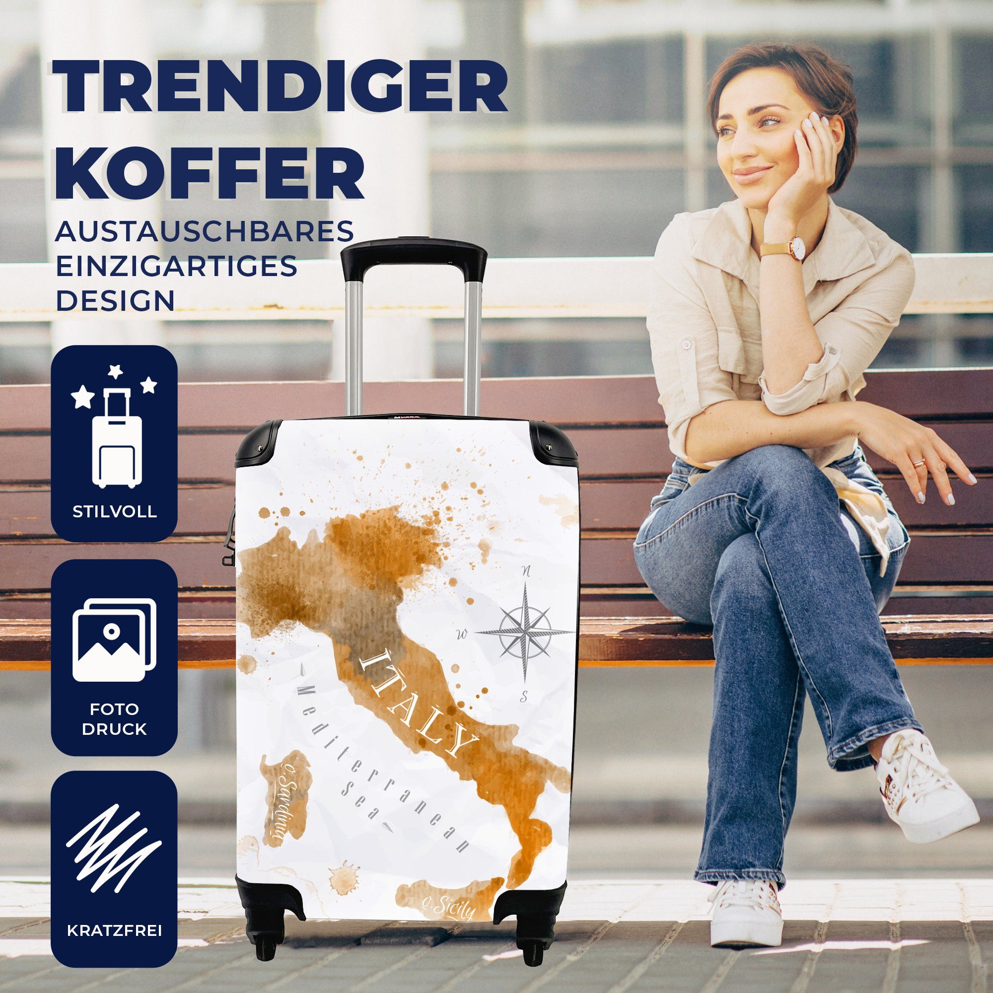 mit Handgepäckkoffer MuchoWow Trolley, Rollen, 4 Weltkarte Ferien, Handgepäck rollen, - Gold - für Aquarell, Reisekoffer Reisetasche