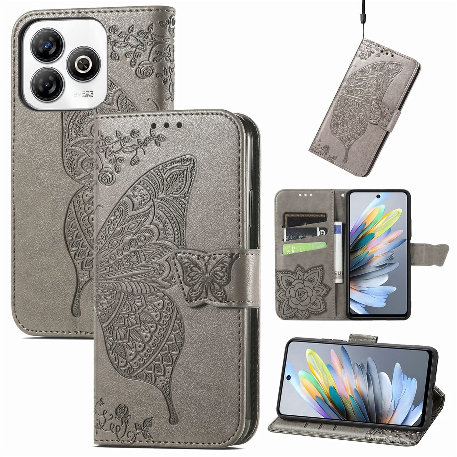 Wigento Smartphone-Hülle Für ZTE Blade A75 4G Kunstleder Schmetterling Wallet Hülle Tasche Grau, Kunst-Leder Schutzhülle Smart Case Cover magnetischer Verschluss