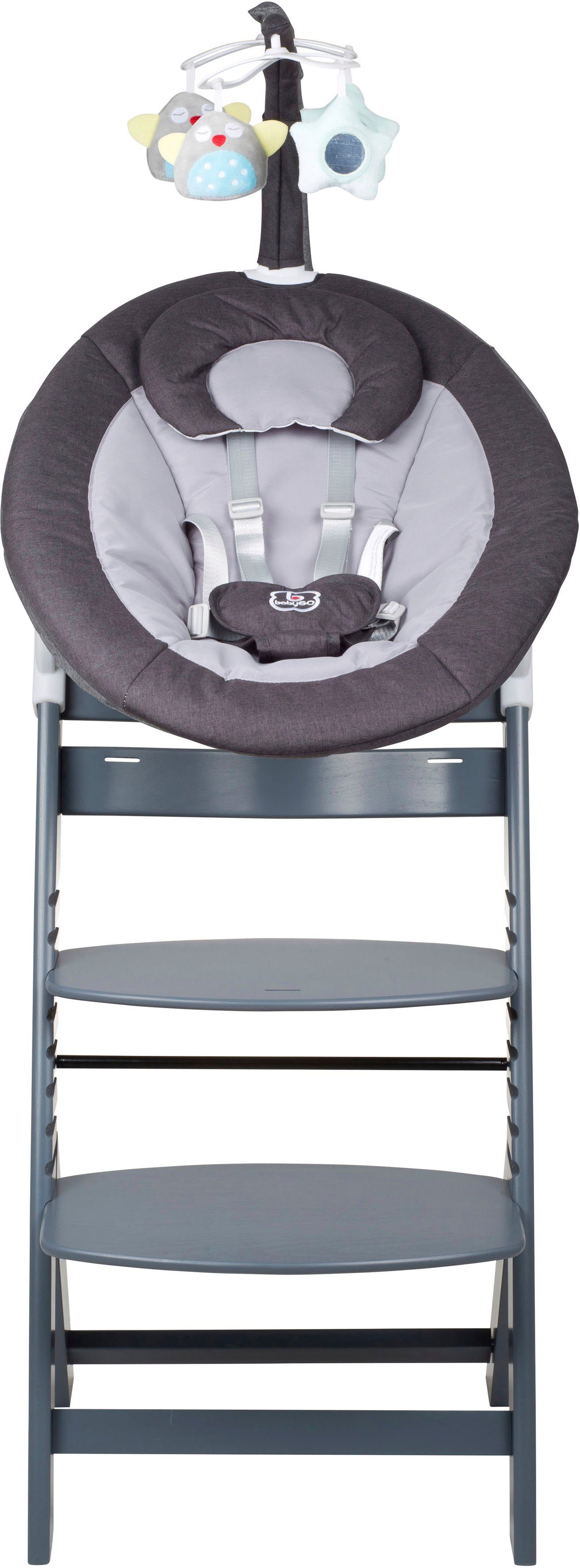 BabyGo Hochstuhl Family Homey Set, grau/dunkelgrau, mit elektrischer Babywippe inkl. Spielbogen