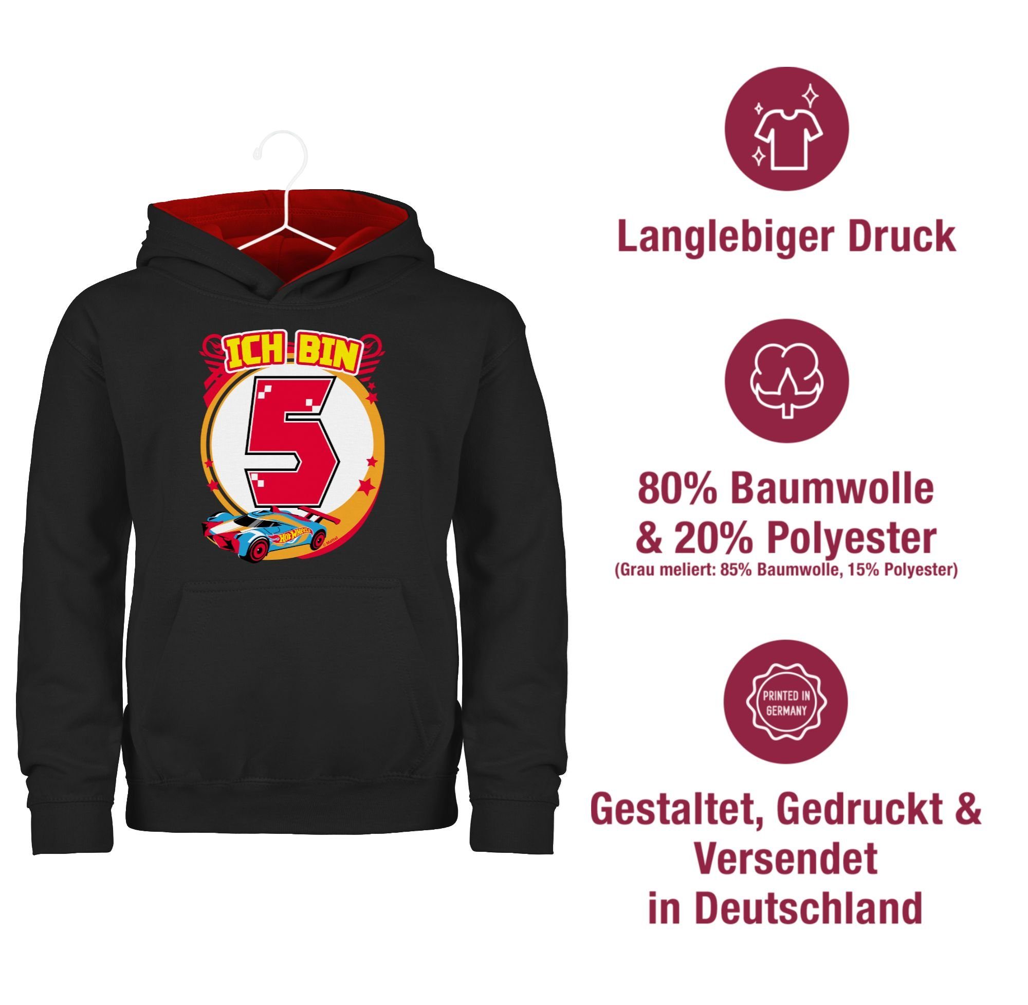 Hoodie Hot bin - Shirtracer Schwarz/Rot Ich Mädchen 5 3 Rennauto Wheels