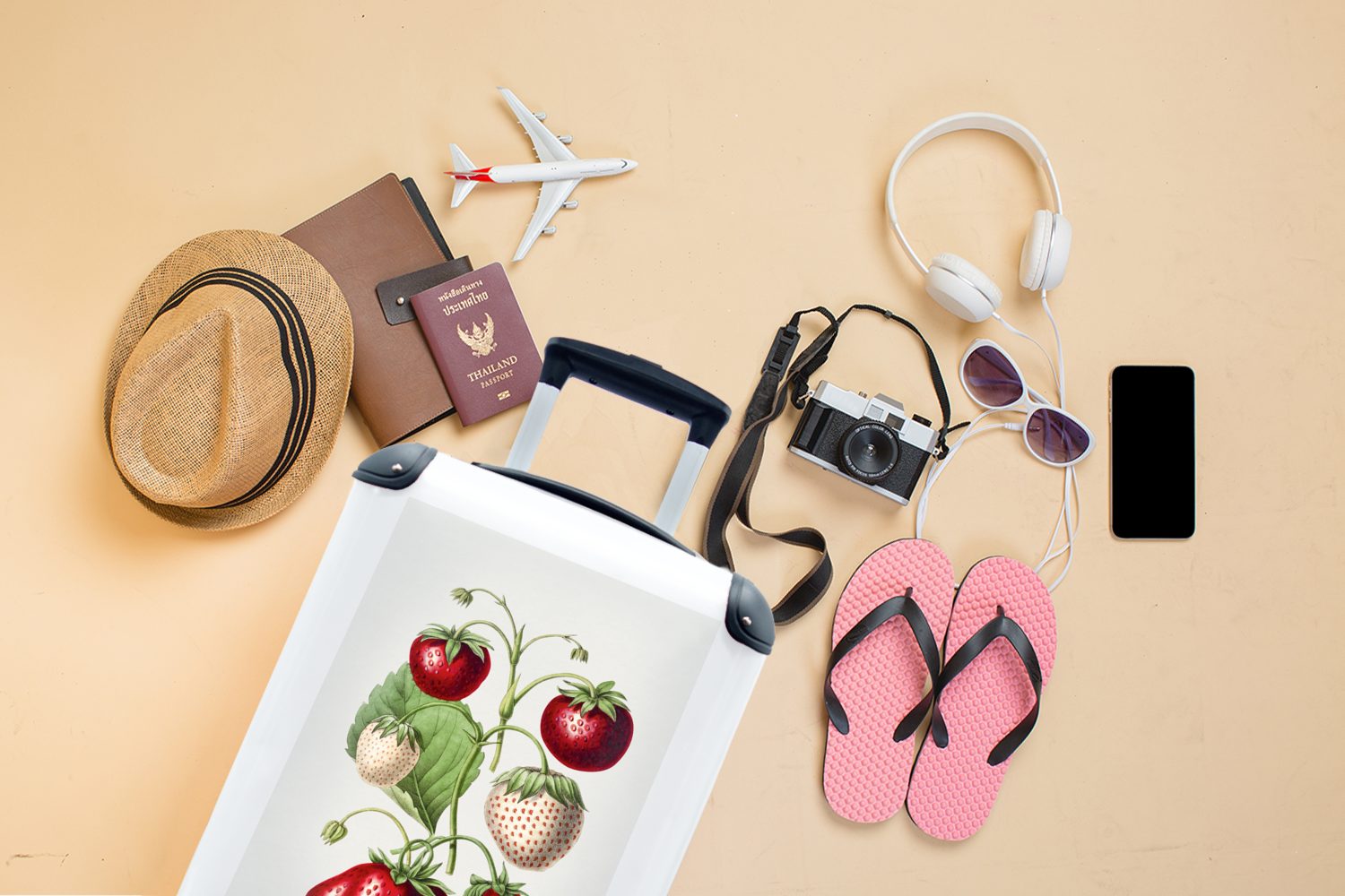 Ferien, - Erdbeere Trolley, - MuchoWow Lebensmittel, 4 Obst Rollen, für Handgepäck Reisekoffer Handgepäckkoffer rollen, mit Reisetasche