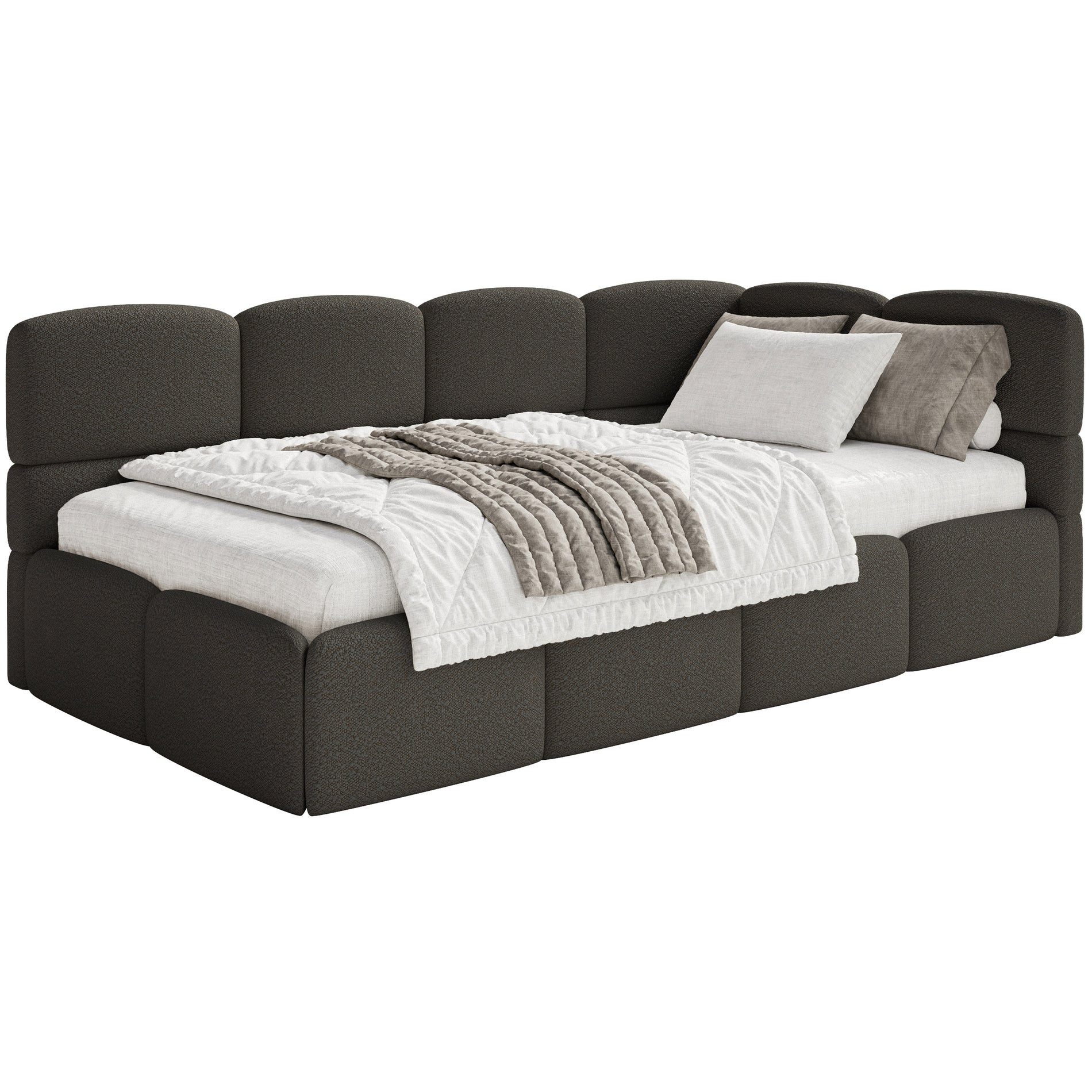 Selsey Einzelbett CLOUDY, Einzelbett 120x200, Eck-Kopfteil, Matratze & Bettkasten, Bouclé