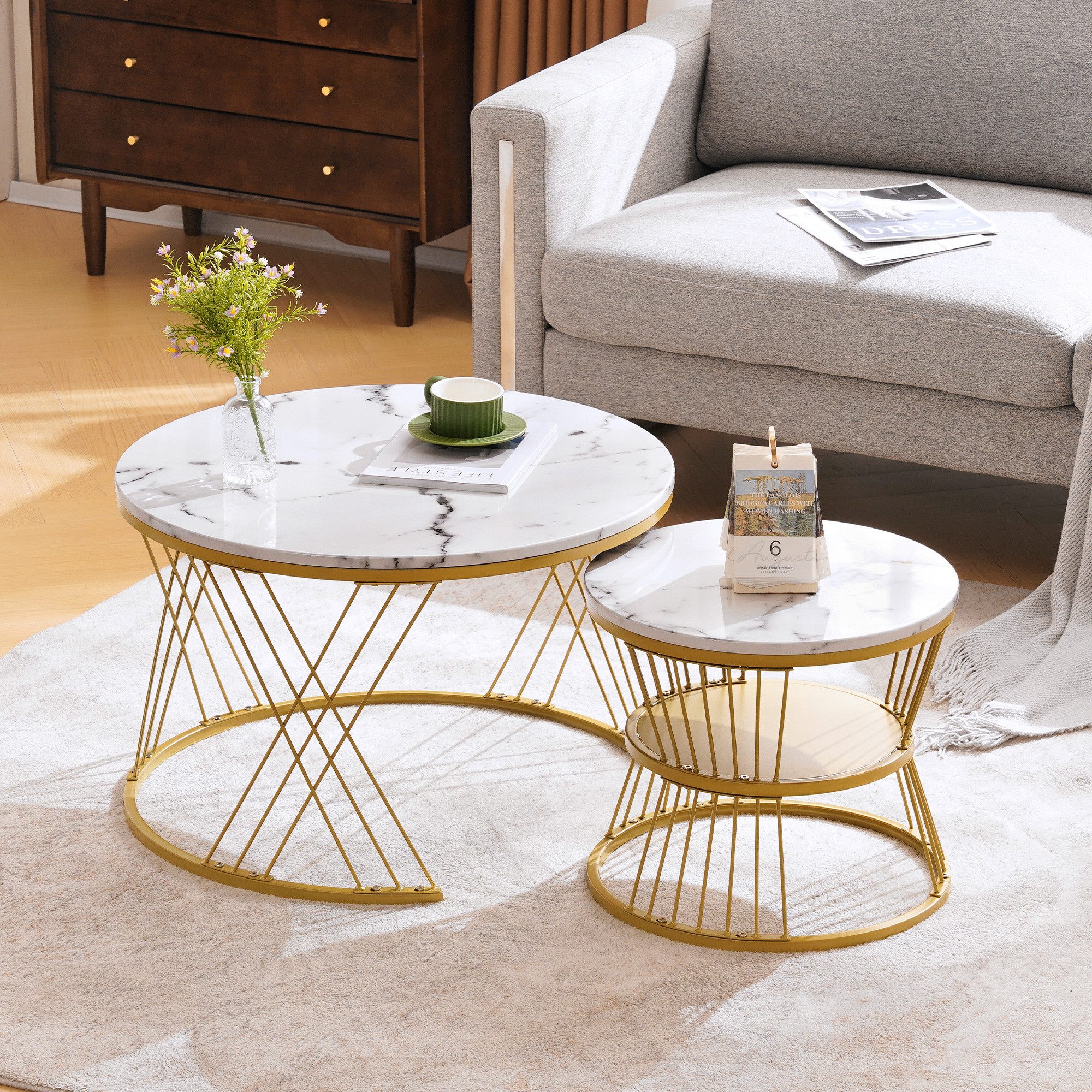 MODFU Couchtisch Hochglanz mit Metallrahmen Couchtisch und 2er Set (Marmor Furnier Sofa Seite Nest von Tischen Runde Endtische), Wohnzimmertisch