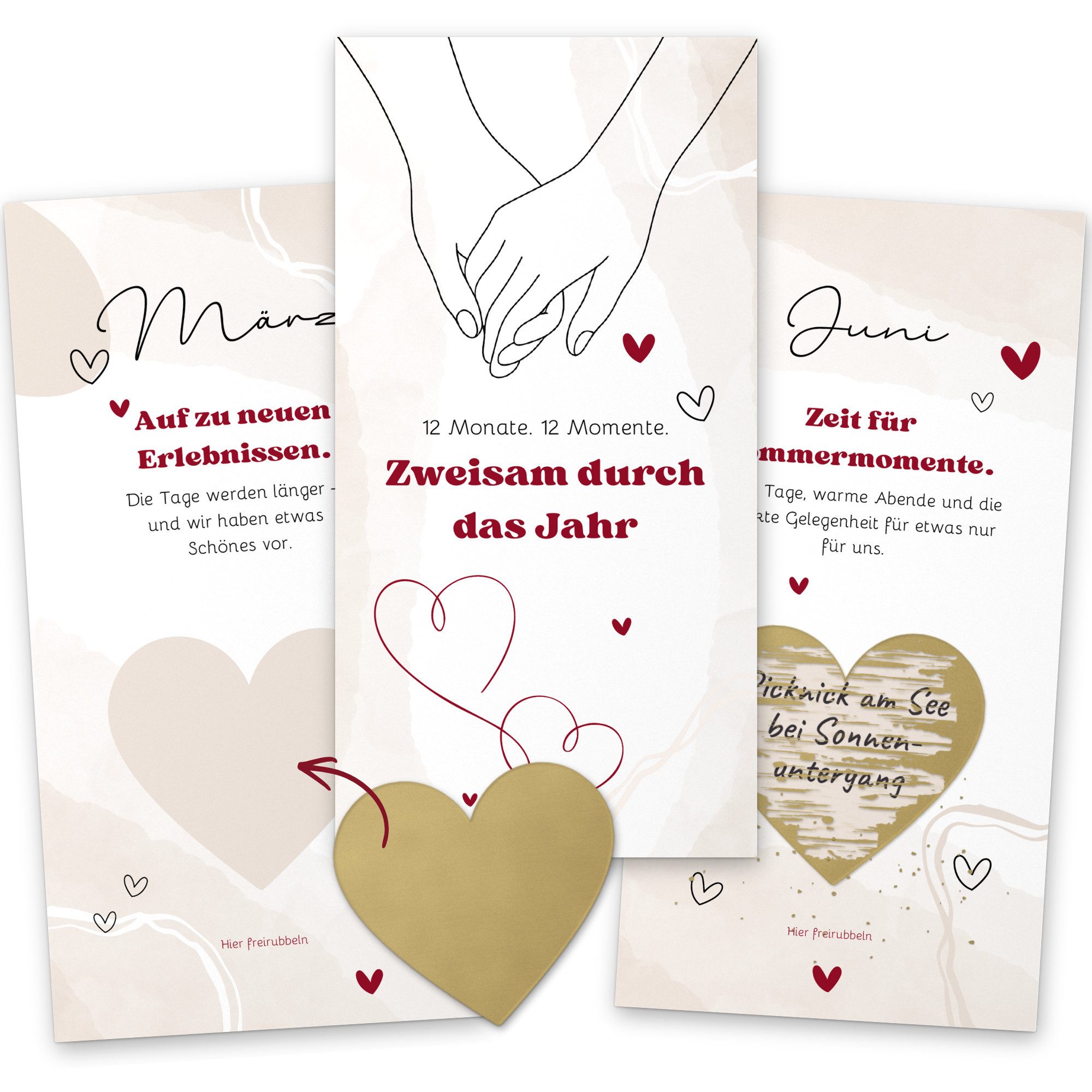 Things of Happiness Geschenkkarte Geschenkkarte Date-Ideen für Paare zum Freirubbeln, 12 Monatskarten mit goldenen Rubbelherzen