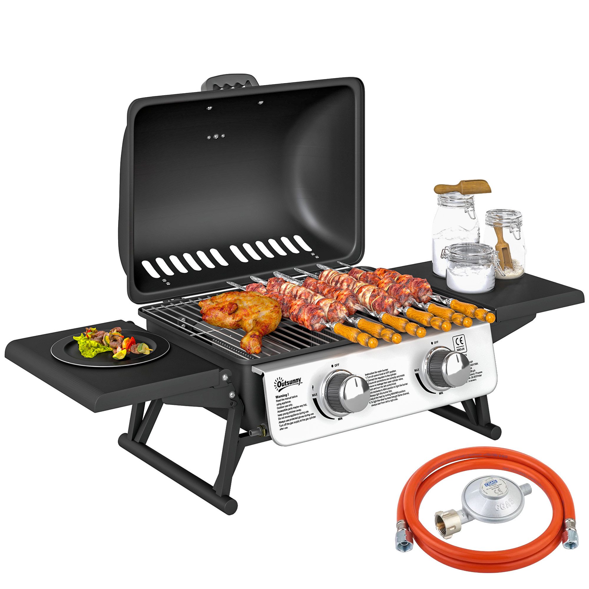 Outsunny Gasgrill inkl 2 Edelstahl-Brenner, Seitenablagen, Deckel, Thermometer, BBQ Gartengrill, 5,6 KW Gas-Grill, für Balkon, Camping-Grill 101 x 48 x 41 cm