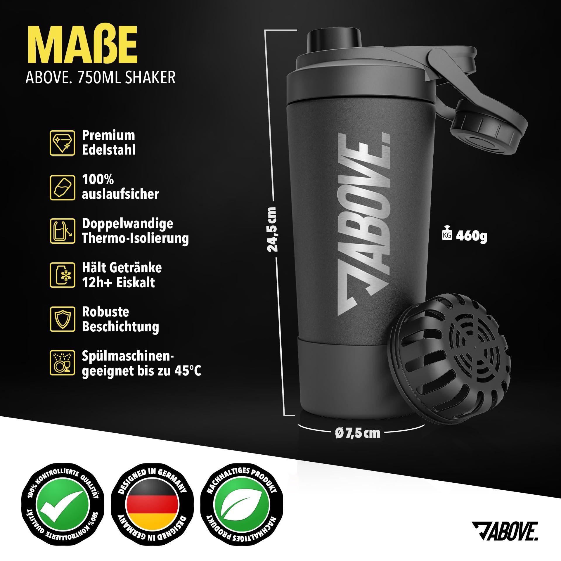 ABOVE. Protein Shaker 750ml – BPA-frei & isolierend: hält Shakes 12H eiskalt, (Integrierte Skala & 100% auslaufsicherer Deckel), Robust & langlebig – spülmaschinengeeignet bis 45°C