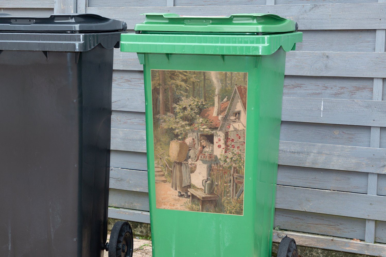 einer Mülltonne, im Frau Wandsticker einer Illustration Container, Sticker, St), Hütte Wald Mülleimer-aufkleber, MuchoWow (1 in Abfalbehälter