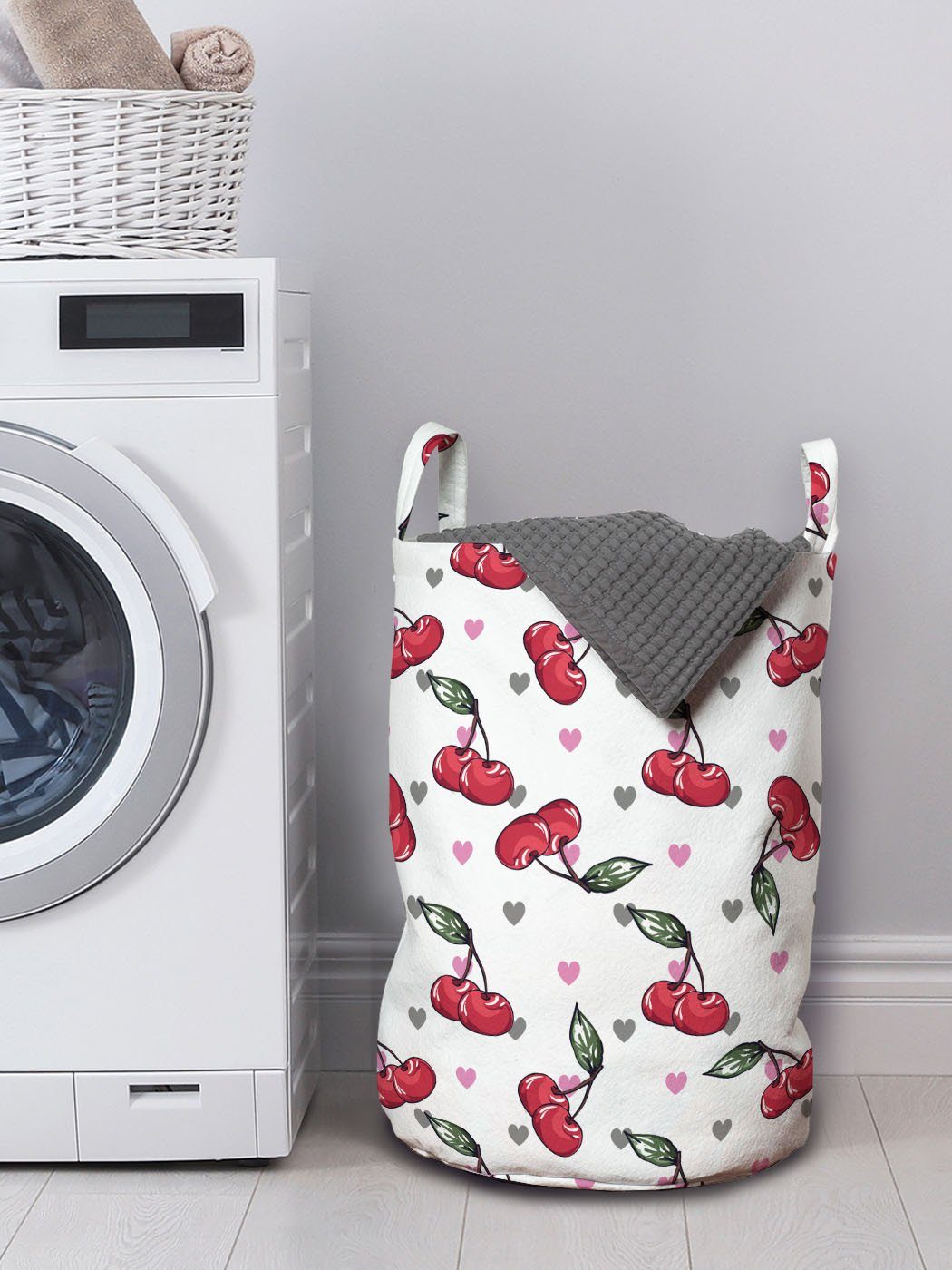 Abakuhaus Wäschesäckchen Wäschekorb mit auf Griffen für Kirsche Waschsalons, Bicolor-Herzen Früchte Kordelzugverschluss