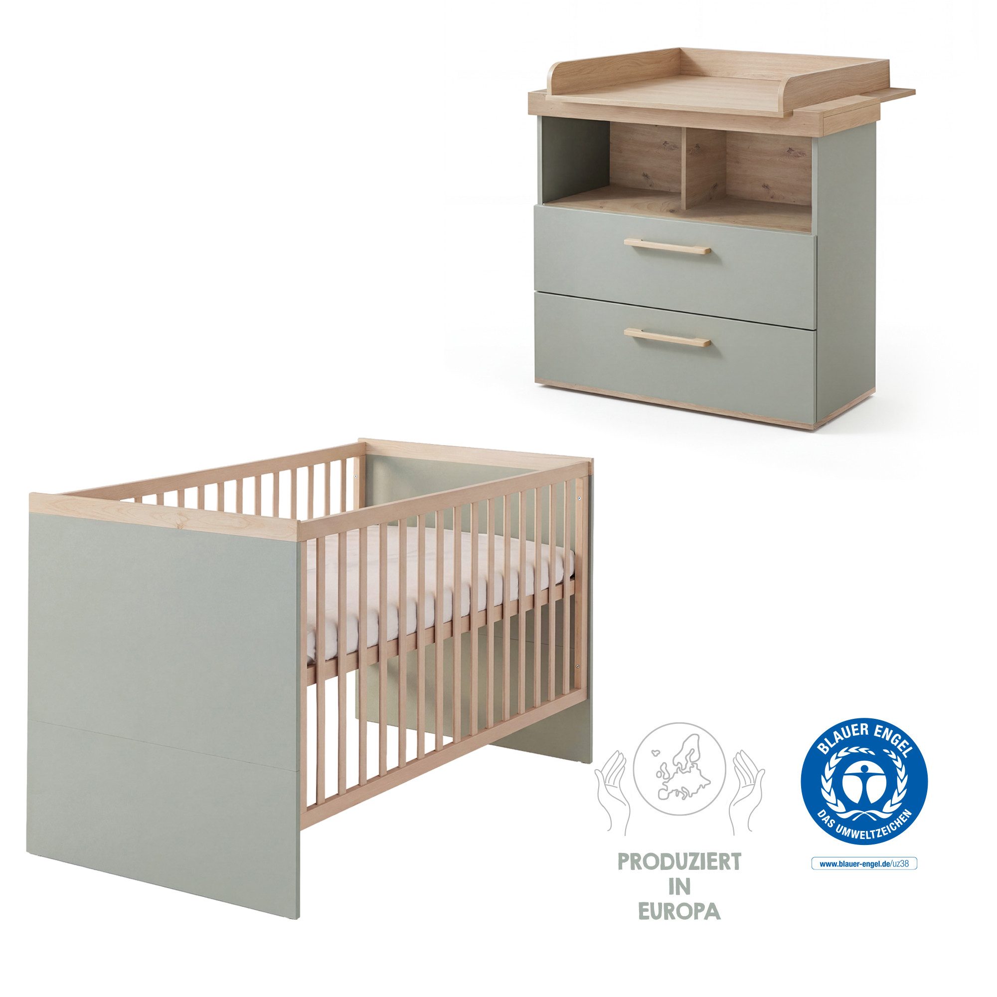 roba® Babymöbel-Set Jimmy 2-teilig - stabil aus Holz - MADE in EUROPE - Dekor in Eiche, (Set, Babybett 70 x 140 cm mitwachsend - Wickelkommode Soft Close Schubladen), Skandi Design - moderne Farben - langlebige Kinderzimmermöbel