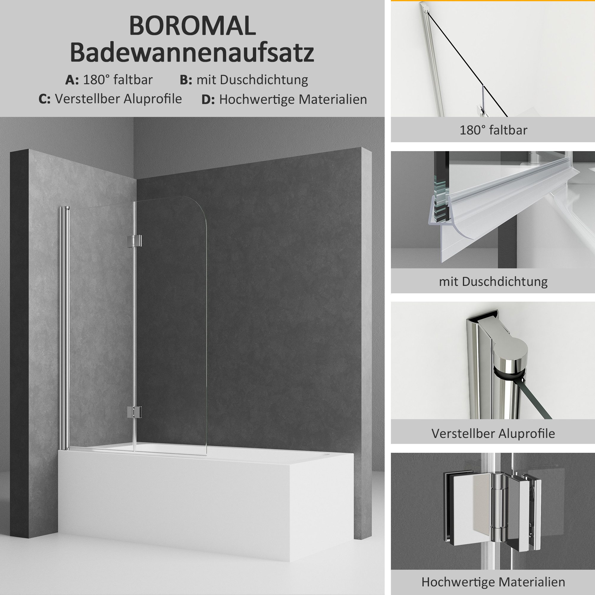 Boromal Duschwand für Badewanne Badewannenaufsatz Badewannenfaltwand günstig online kaufen