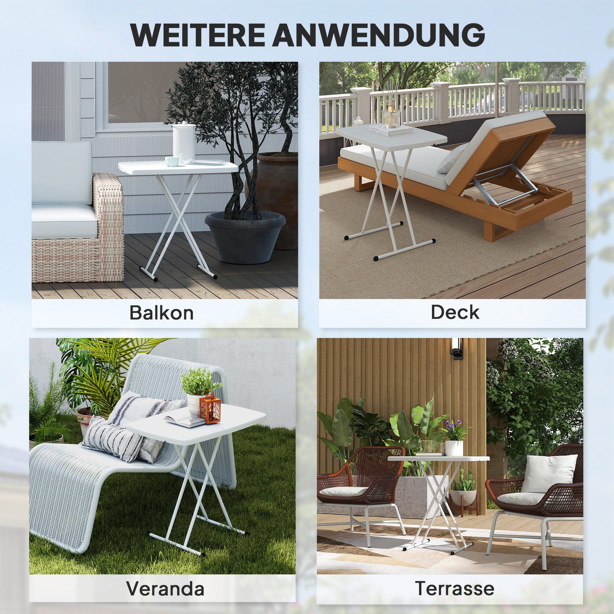 Outsunny Gartentisch höhenverstellbar, klappbar, aus Kunststoff, rechteckig (Balkontisch, 1-St., Beistelltisch Garten), 50kg belastbar, Sofatisch für Outdoor Indoor Balkon Terrasse Weiß