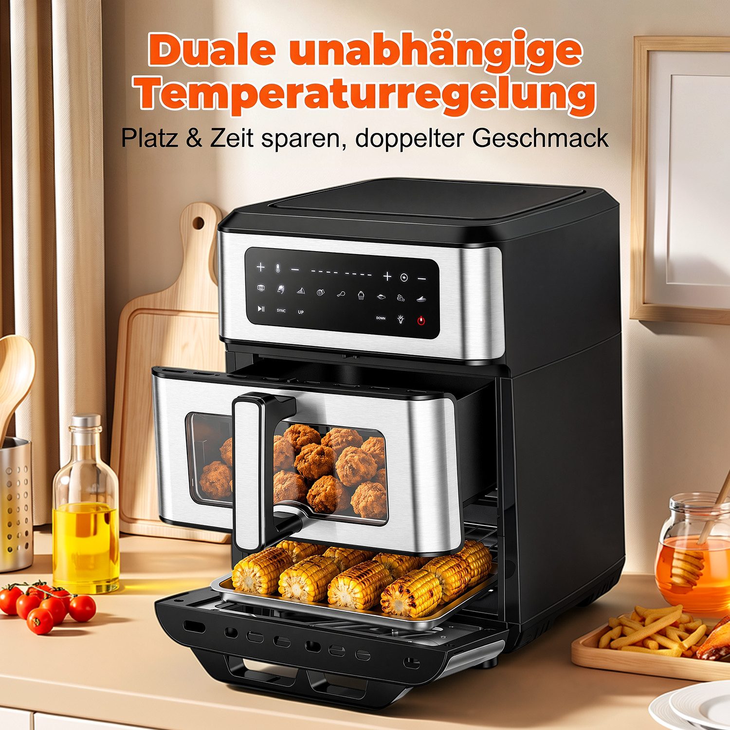 oyajia Heißluftfritteuse 2 Kammern Airfryer mit Pizzaprogramme, 9 voreingestellte Programme,Touchdisplay, Sichtfenster, Unabhängige Temperaturregelung, 2800,00  – Bild 2 von 5