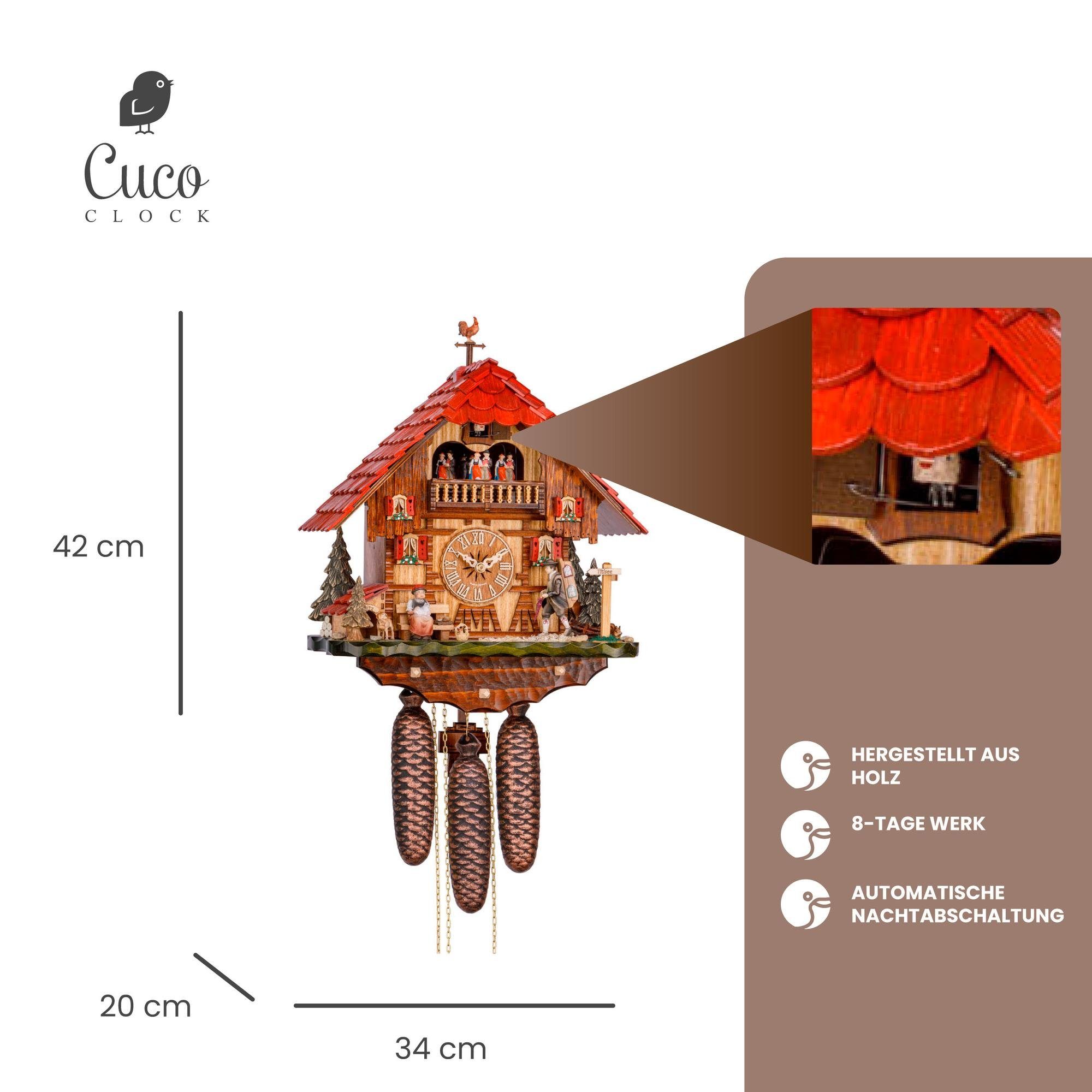 8 Cuco (20 Tage Werk, Nachtabschaltung) automatische Holz Kuckucksuhr Clock 34 x - aus Pendelwanduhr Wanduhr "Wanderlust" Schwarzwalduhr 42cm, x