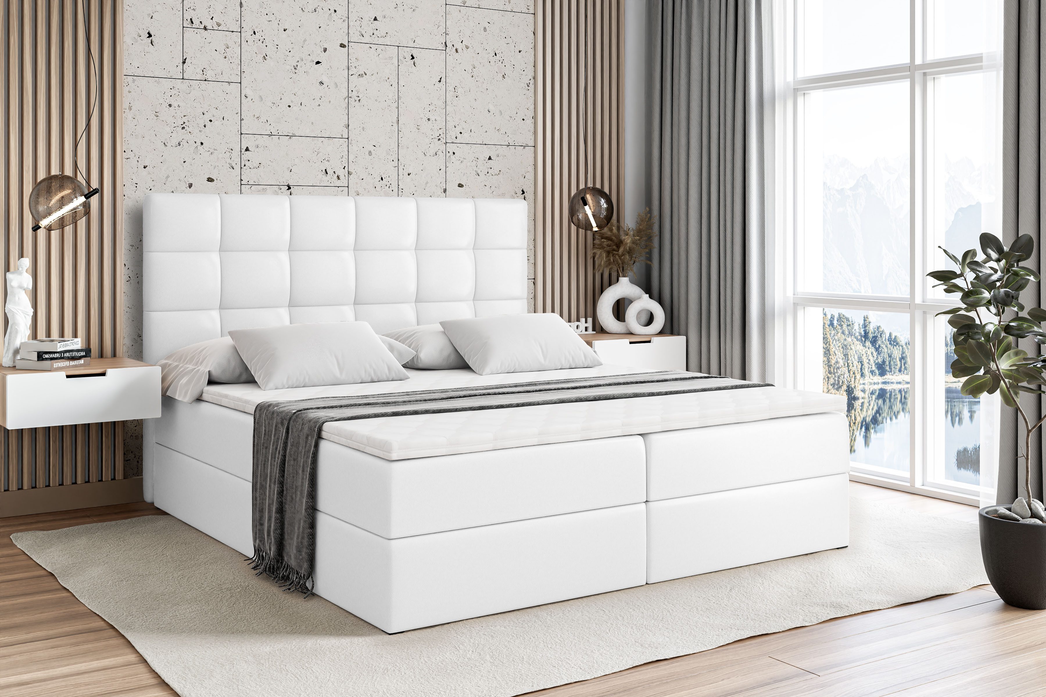 ALTDECOR Boxbett BRUGO (mit Matratze Lattenrost Topper Polsterbett mit Bettkasten Doppelbett), H4 Multipocket / H3 Bonellfederung, Springboxbett Boxspringbett