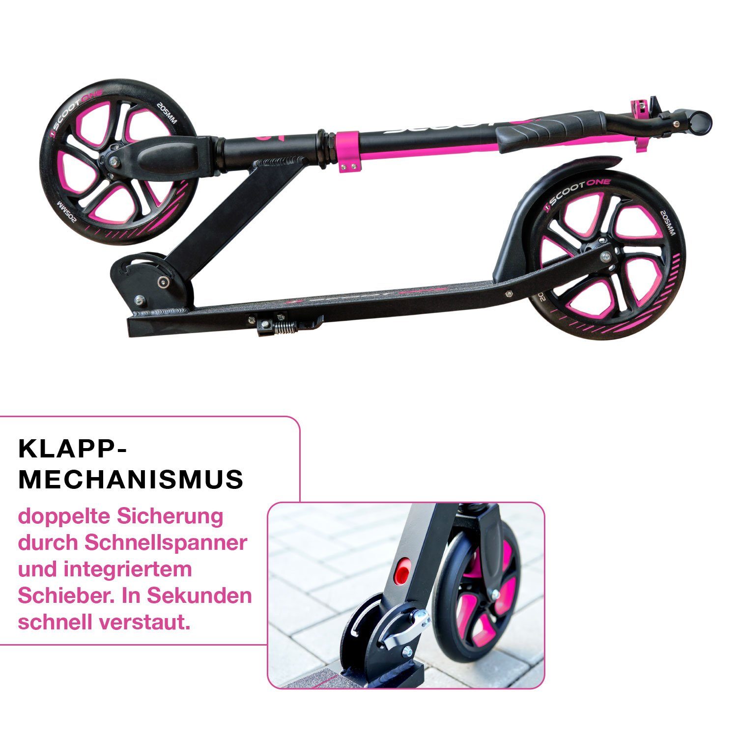 Aluminium Cityroller S2, Tretroller Höhenverstellbarer klappbar 205mm Scoot Roller, Kickroller One pink –