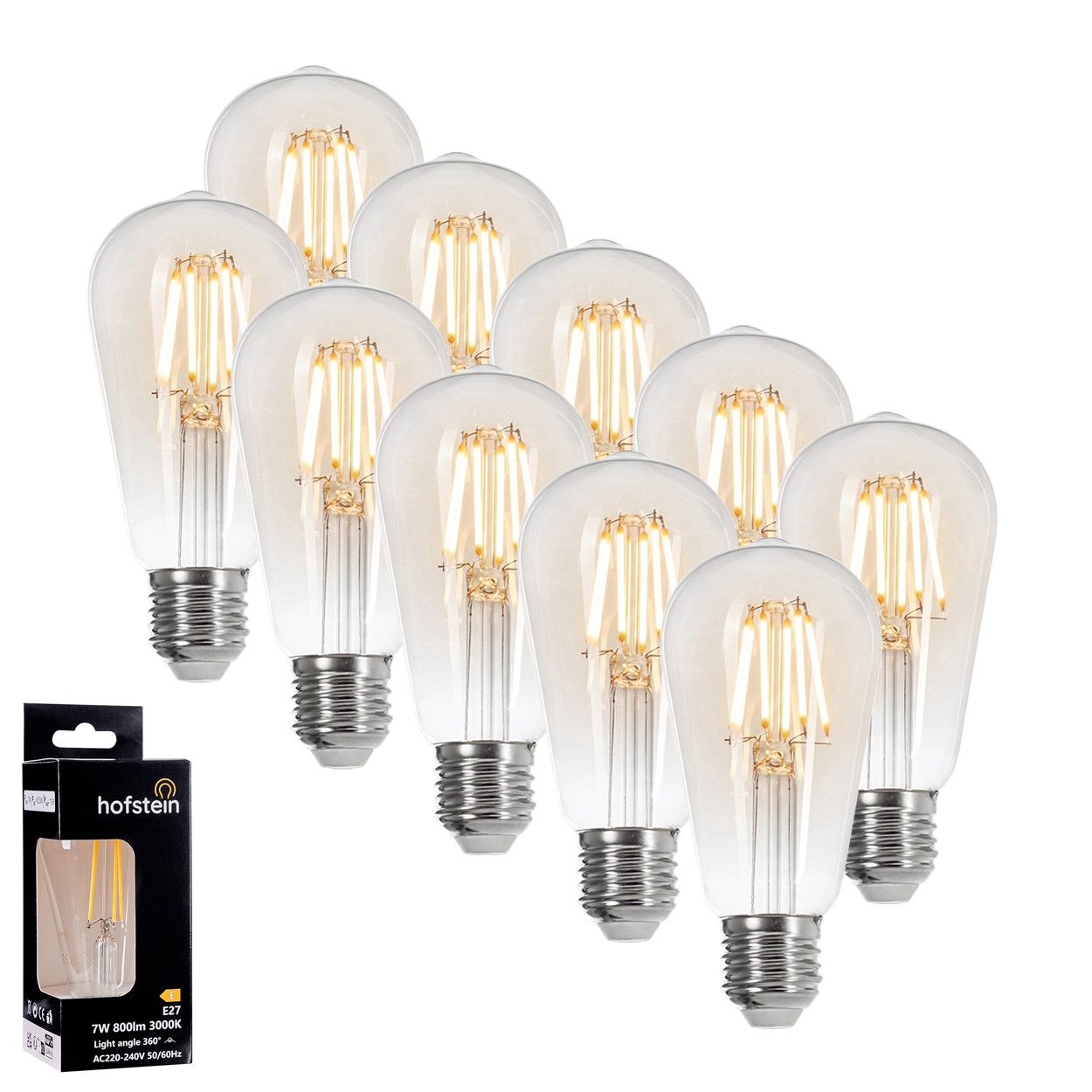 hofstein LED-Leuchtmittel 10er Set Glühbirne Warmweiß 6 Watt 800 Lumen, E27, 3000 Kelvin, Edison Vintage, Filament, Klar