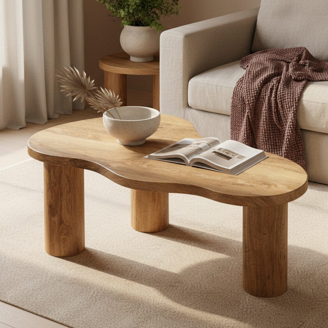 skølm Couchtisch Mani in organischer Form (Eichen-Optik, geölt & lackiert), Beistelltisch aus Eichenholz, 100 cm lang & 55 cm breit