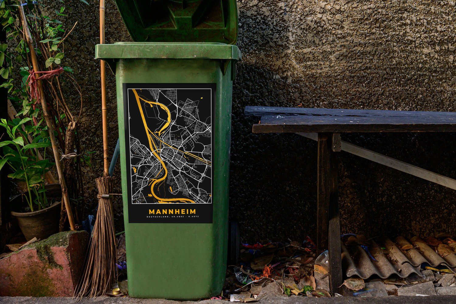 Abfalbehälter St), Karte Container, Mannheim - - Deutschland MuchoWow Wandsticker Gold (1 Mülltonne, Sticker, - Mülleimer-aufkleber,