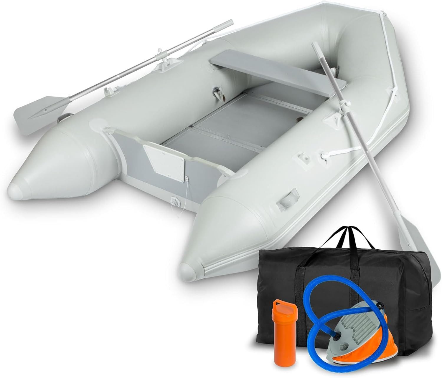 EBERTH Schlauchboot aus robustem PVC für Außenborder 3 Personen + 1 Kind, 2X Paddel, Holzboden, Reparaturset, Pumpe, Tragetasche, bis 485 kg