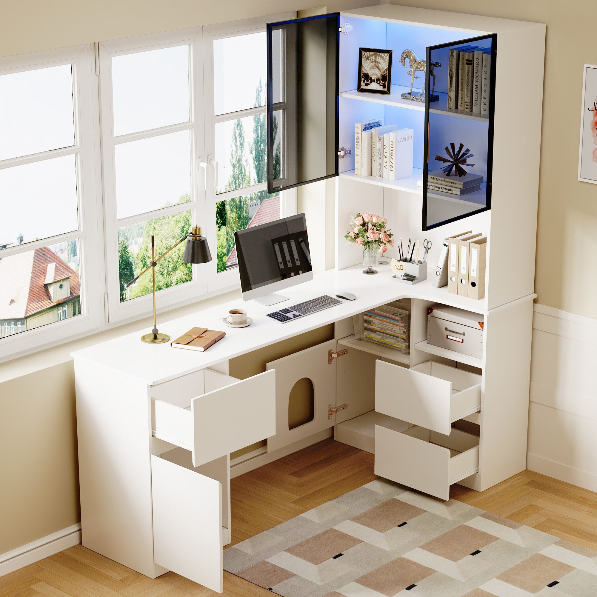 Flieks Eckschreibtisch 2-in-1 Hochschrank mit LED und Glastüren & L-förmig Arbeitstisch (1-St., Tischmaße: 120x45x76 cm, Schrankmaße: 80x30x180 cm), Regal-Schreibtisch Computertisch inkl. Glasvitrine/Bücherregal Weiß