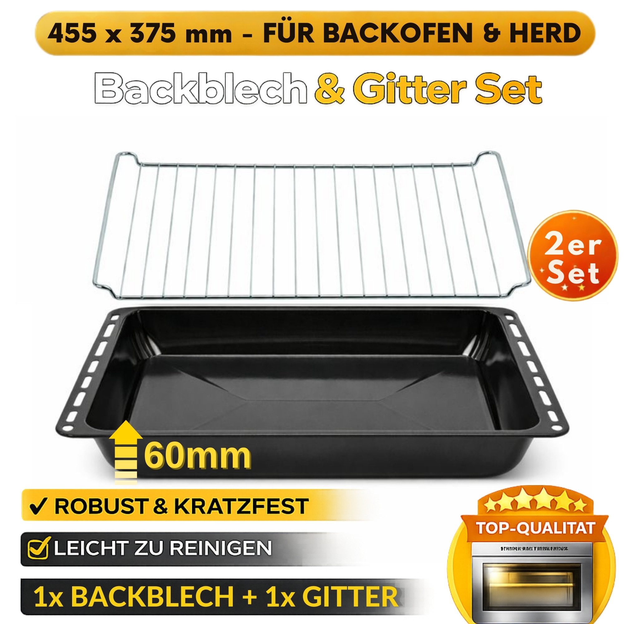 ICQN Backblech 455 x 375 mm, Emailliertmitgitter, (2-St), 6 cm extra Tiefe Emailliert Fettpfanne und Verchromt Backofenrost