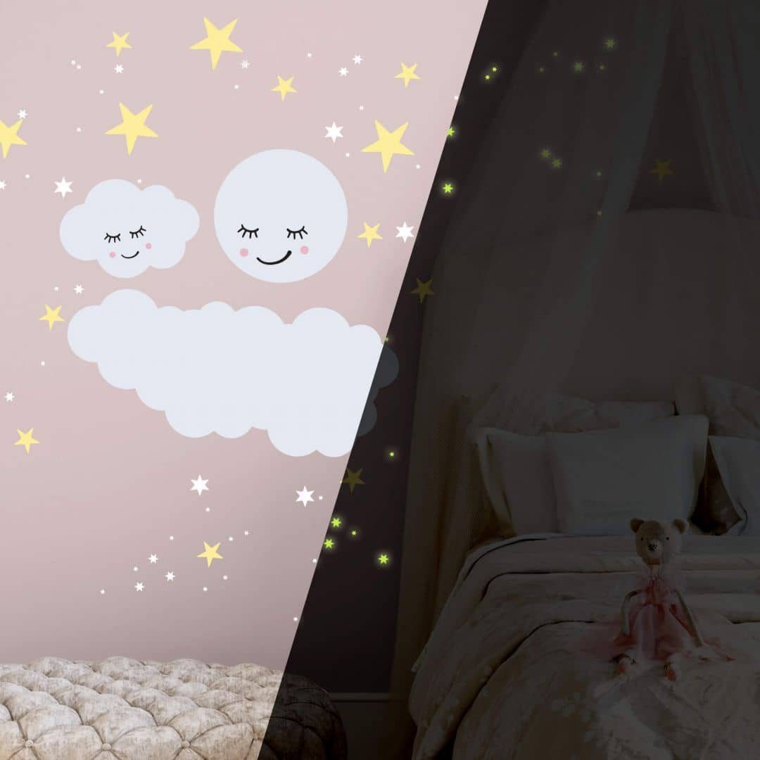 K&L Wall Art Wandtattoo Leuchtbild Sterne Mond Kinderzimmer Gelb selbstklebend, Wolke 100x100cm Leuchtsticker