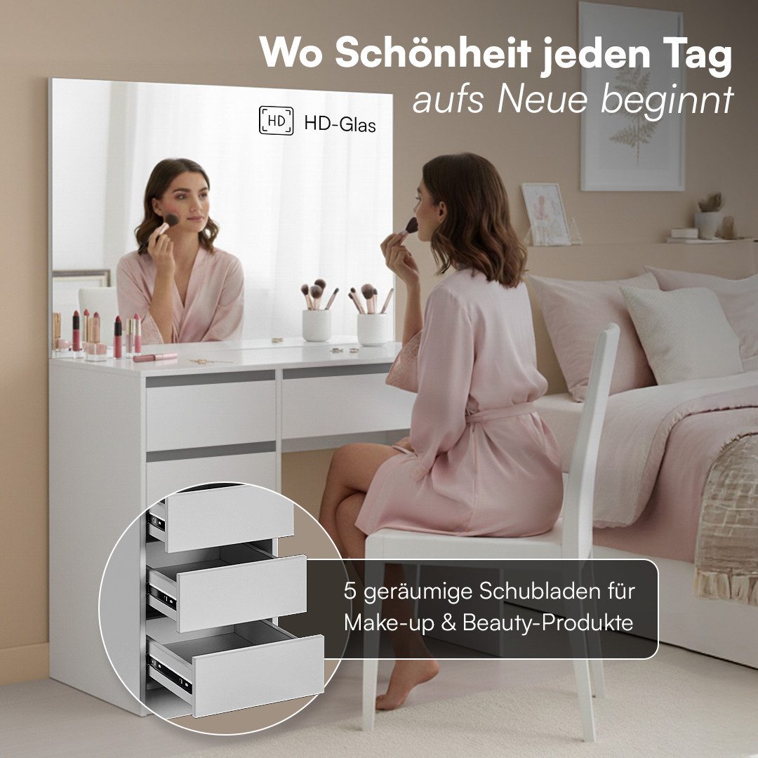 Bellamio Schminktisch Nore mit Spiegel, mit und ohne LED-Beleuchtung (Weiß, 5 Schubladen, 110x70x53 cm), Kosmetiktisch mit HD-Spiegelglas, Schubladen beidseitig montierbar