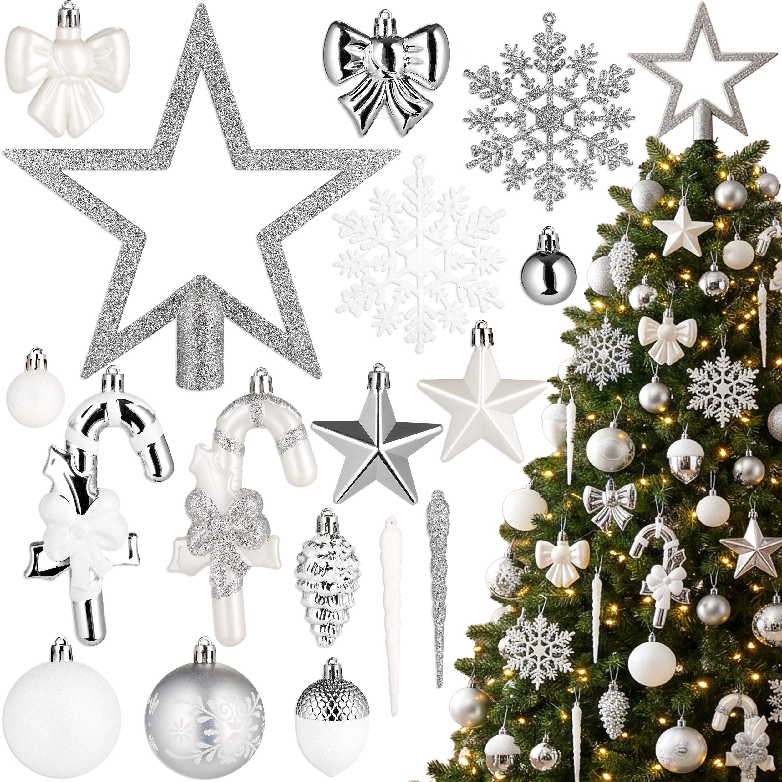 BRUBAKER Weihnachtsbaumkugel 101 Stück Premium Christbaumschmuck - Weihnachtskugel Set (101 St), Schneeflocken, Schleifen, Eiszapfen, Eicheln, Sternen Baumschmuck