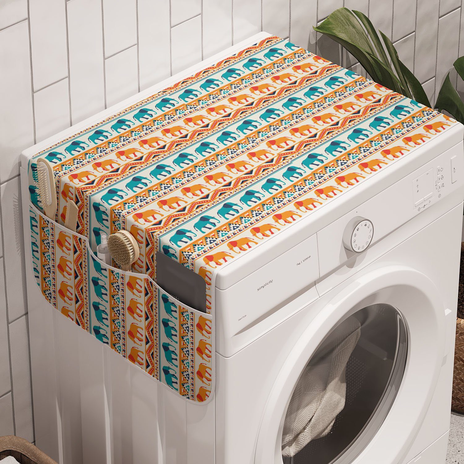 Abakuhaus Badorganizer Anti-Rutsch-Stoffabdeckung für Waschmaschine und Trockner, Elefant Exotische geometrische Kunst