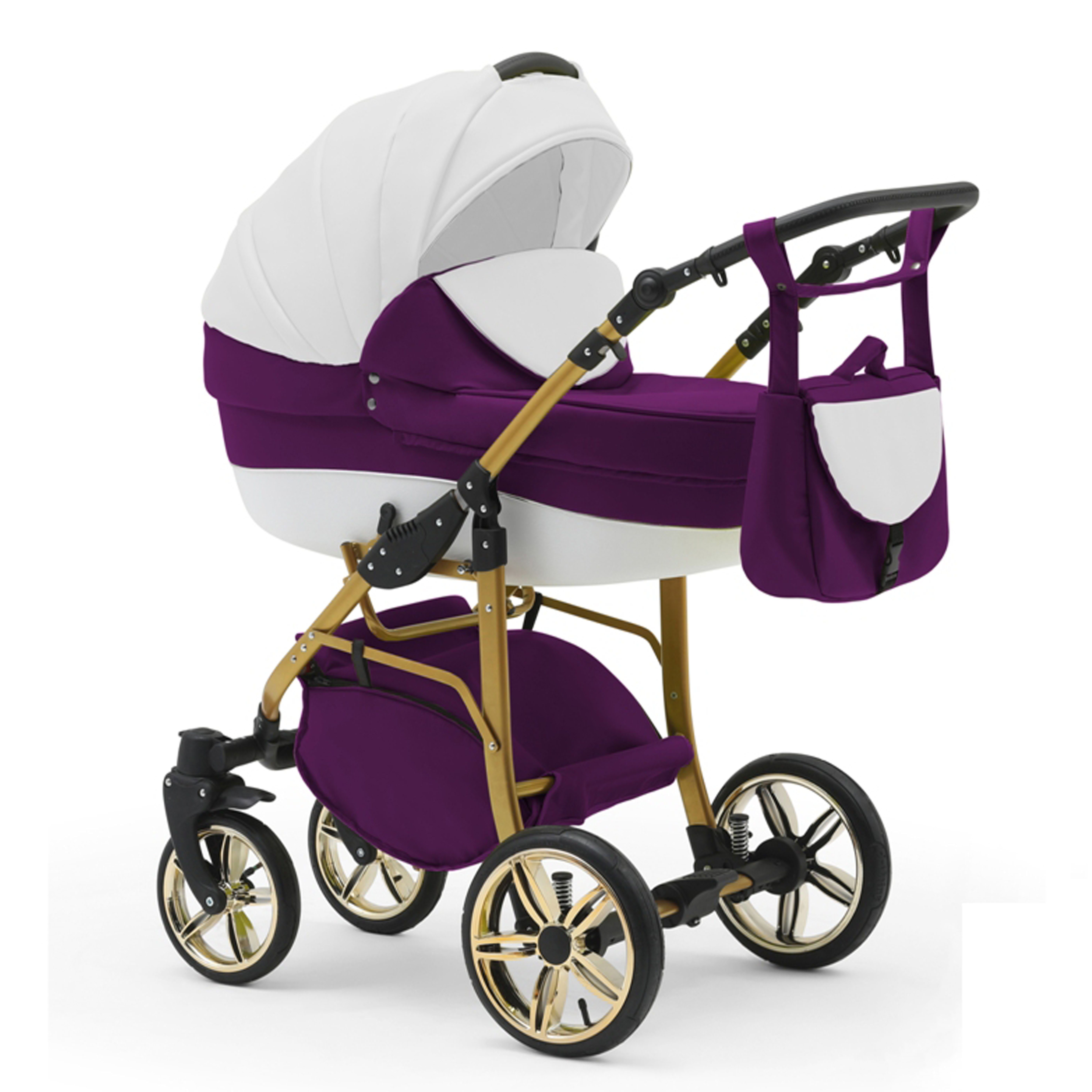 babies-on-wheels Kombi-Kinderwagen 2 in 1 Kinderwagen-Set Cosmo Gold - 13 Teile - in 46 Farben Weiß-Lila-Weiß | Kombikinderwagen