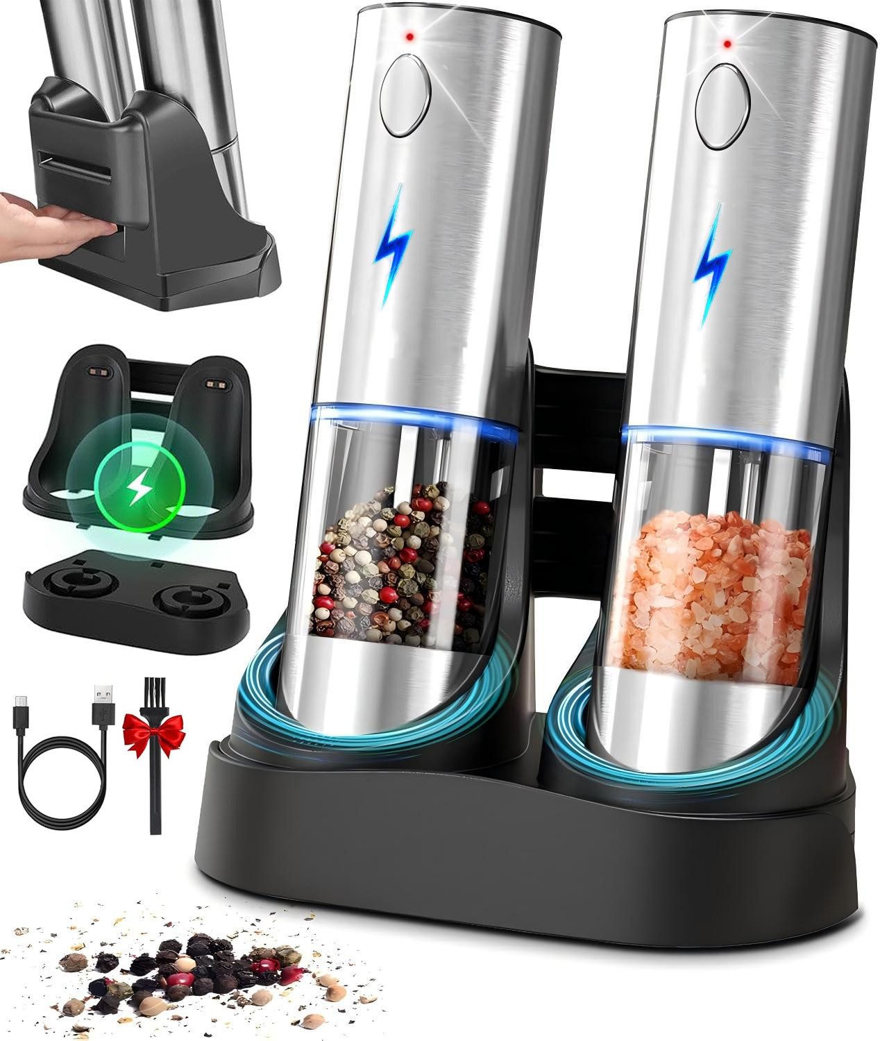 Xruiy Salz-/Pfeffermühle Elektrisch 2er Set Gewürzmühle mit Magnet-USB-C-Ladestation, XXL 95ml,Edelstahl & Keramikmahlwerk, 5 Stufen & LED-Beleuchtung, – Perfekt als Geschenk für Weihnachten, Geburtstag & Einweihung