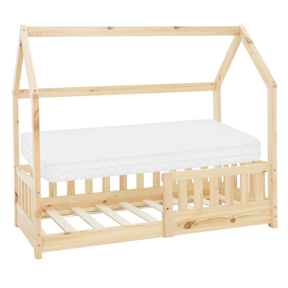 ML-DESIGN Spielbett Hausbett Kinderbett inkl. Lattenrost kreativ Bodenbett für Kinder, Abenteuerbett zum Spielen mit Rausfallschutz Kiefer Natur Himmelbett
