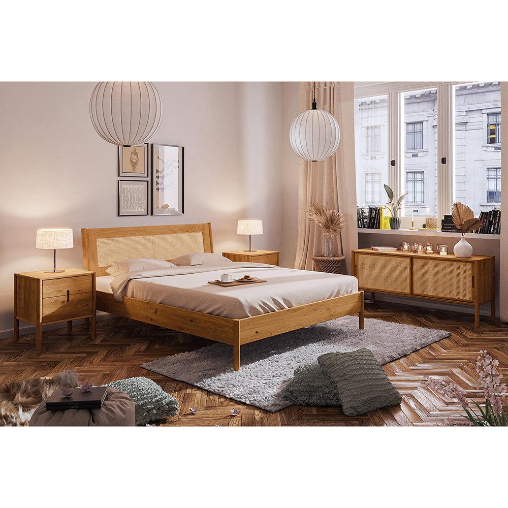 Lomadox Schlafzimmer-Set PORI-165, (Spar-Set, 4-tlg., Bettgestell Nachttische Lowboard), Bett 160x200cm, Rattankopfteil, Wildeiche massiv geölt, Rattangeflecht