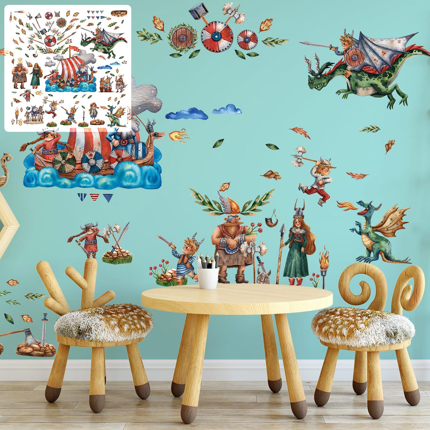 Sunnywall Wandtattoo XXL Wandtattoo Wikinger Set Krieger Kinderzimmer Aufkleber