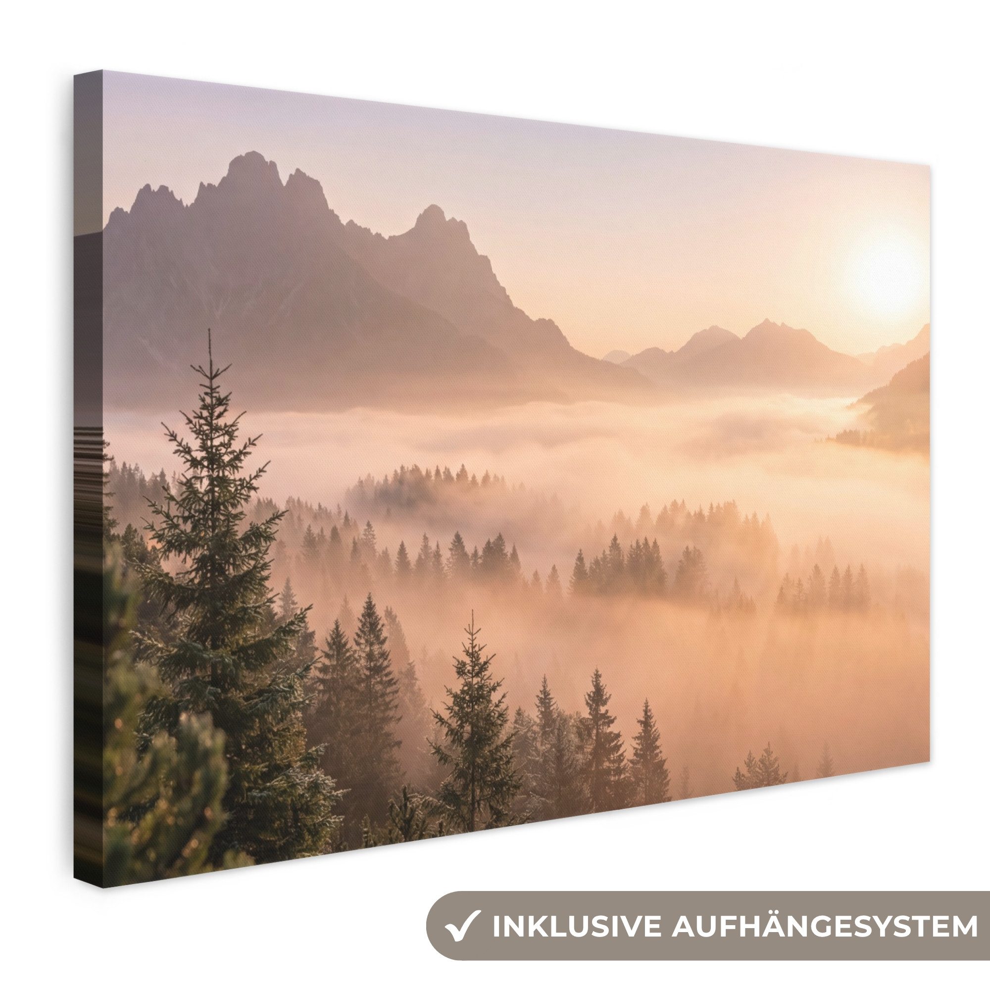OneMillionCanvasses® Leinwandbild Sonnenlicht - Nebel - Berge - Bäume, Fotodruck (1 St), Leinwand Bilder Klein, Wand Dekoration Aesthetic 30x20 cm