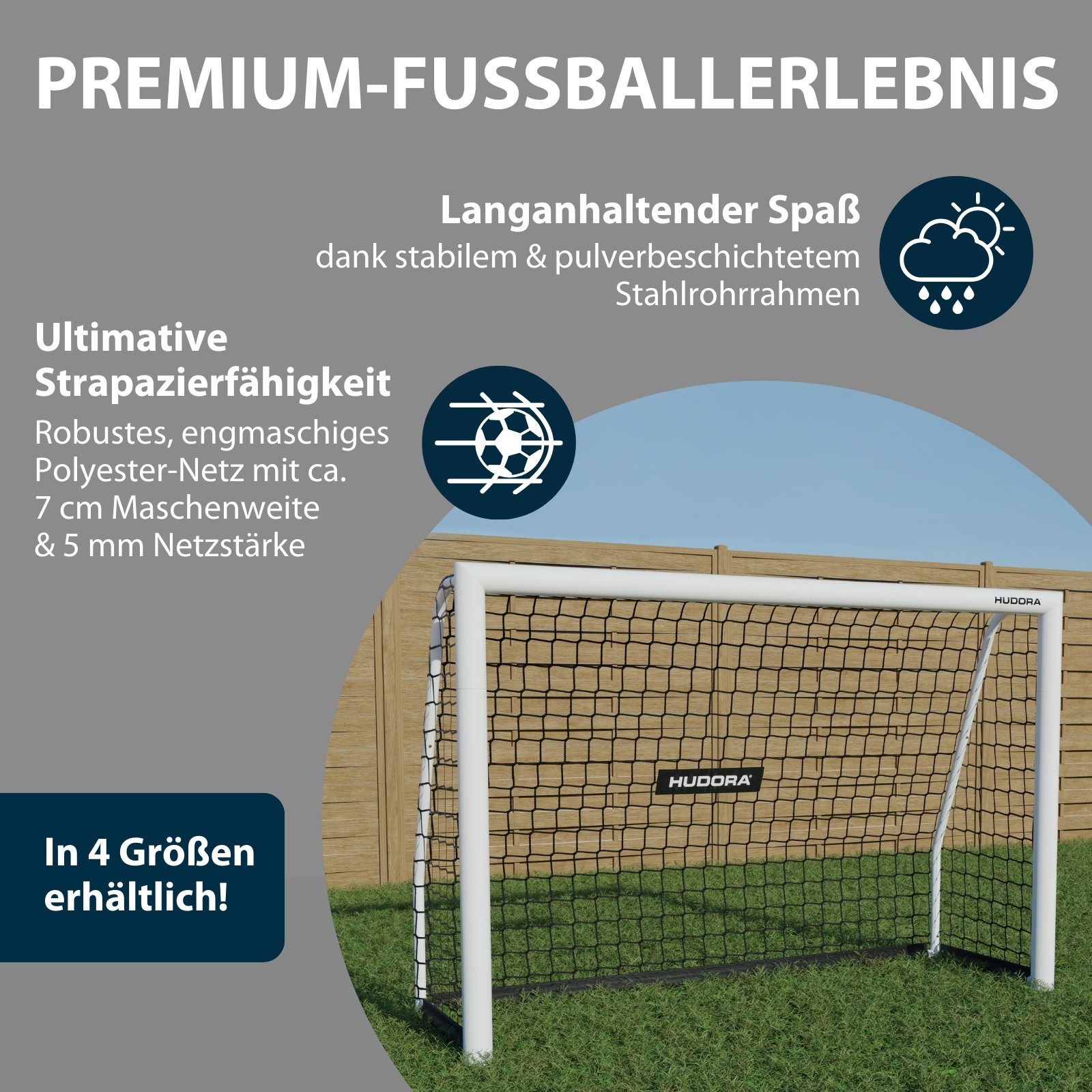 Hudora Fußballtor Advanced - Fußballtor für Kinder/Jugendliche & Erwachsene (stabil und hochwertig, einfacher Aufbau in den Größen 120-300cm, Outdoor-Fußball-Tor für Garten), Wetter- & standfestes Fußball-Trainingstor mit engmaschigem Netz