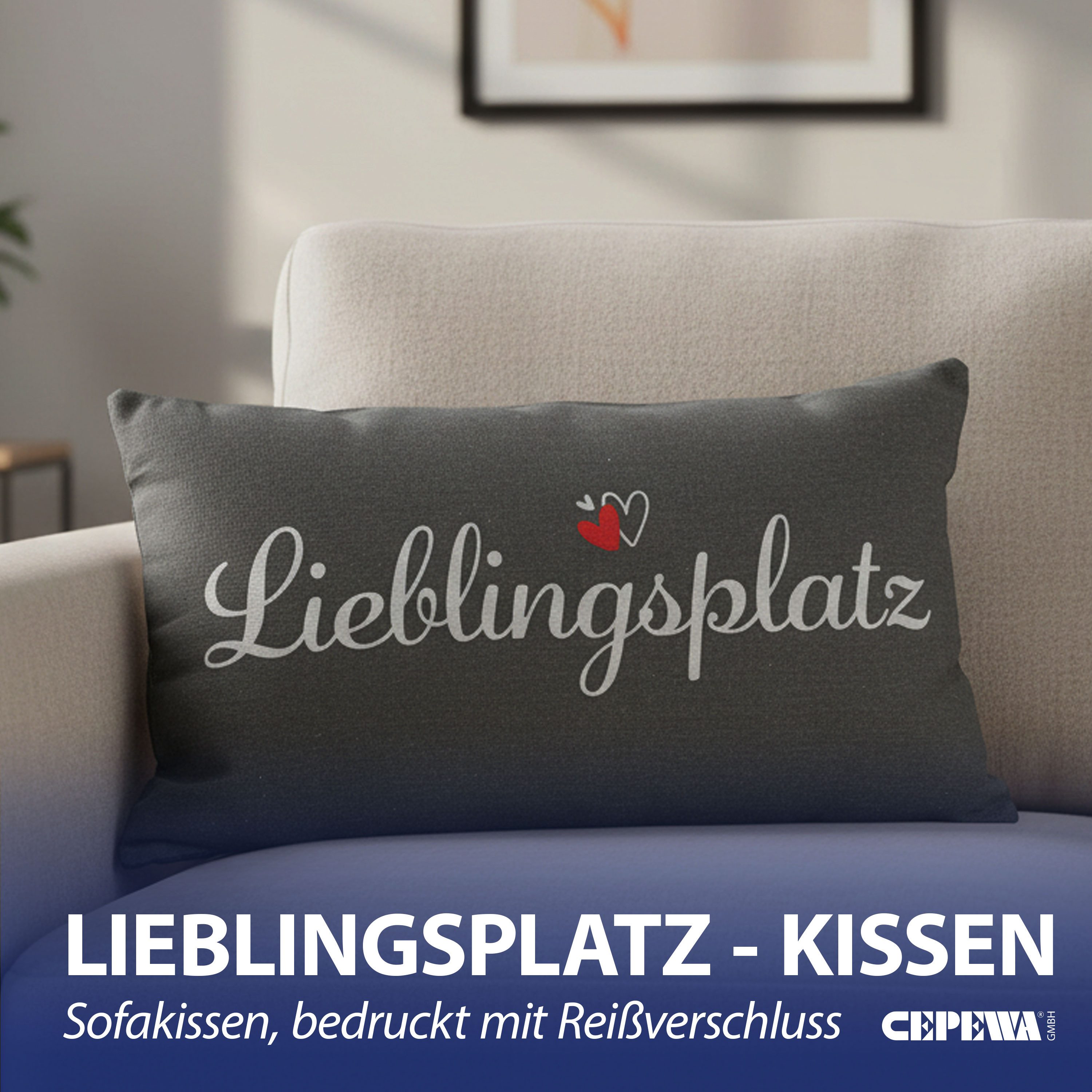 CEPEWA Dekokissen Kissen Lieblingsplatz 40x25cm grau Baumwolle PES 180g Reißverschluss