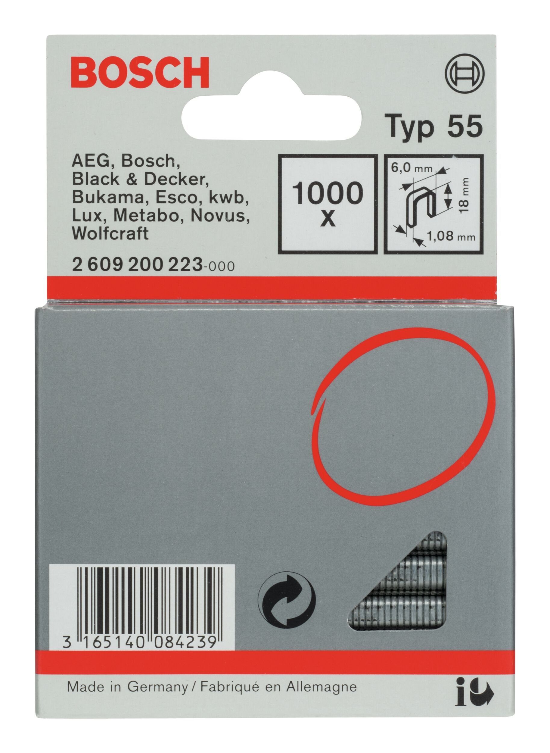 BOSCH Tackerklammer, Typ 55 Schmalrückenklammer - 1,08 x 18 x 6 mm - 1000er-Pack