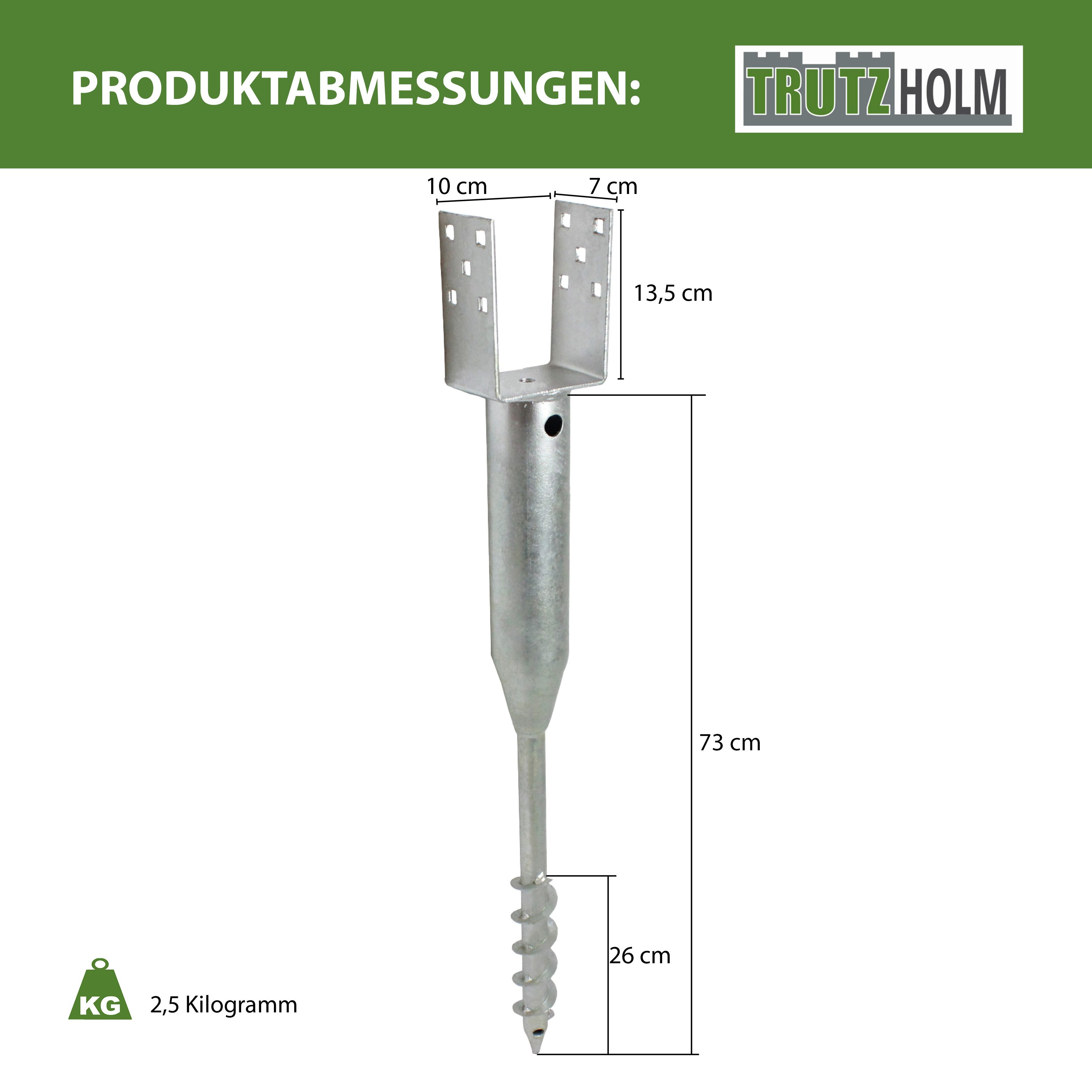 TRUTZHOLM Einschraub-Bodenhülse 2x U-Profil 10x10cm 86,5cm lang feuerverzinkt für Vierkanthölzer 100mm, für Abmessungen Spitze bis Boden der Lasche (HxBxT): ca. 73x7x7cm - Abmessungen Lasche (LxBxH): ca. 7x10x13,5cm, zum Eindrehen, (2er Set, 2-St), 10mm