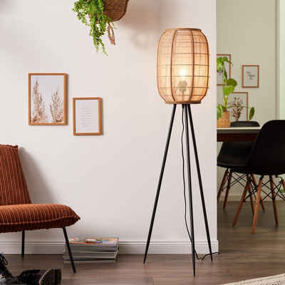 Lightbox Stehlampe, ohne Leuchtmittel, Boho Dreibein-Lampe, 134 x 46 cm, Stoffschirm mit Holz, schwarz/natur