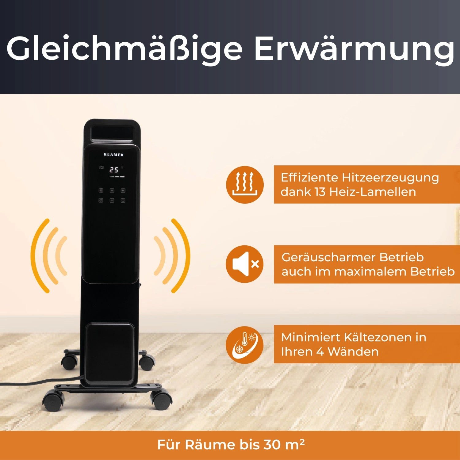 KLAMER Ölradiator 2500 W, Elektroheizung energiesparend, 13 Rippen, 3 Heizstufen mit Ec…, Eco-Modus heizt leise & sparsam, 3-fach Sicherheit, geräuscharm