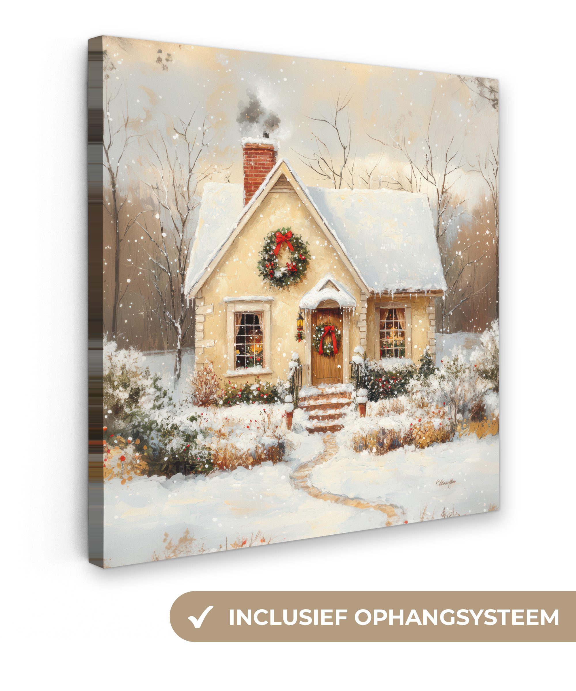 OneMillionCanvasses® Leinwandbild Weihnachten - Zuhause - Winter - Schnee, Fotodruck (1 St), Wandbild, Deko Schlafzimmer Wohnzimmer Flur 20x20 cm