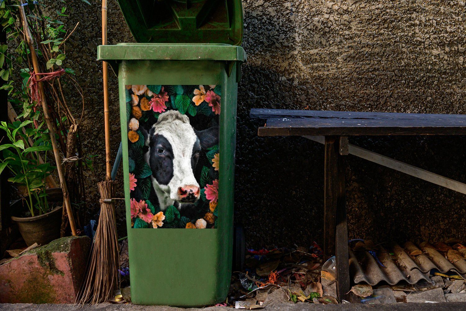 - Sticker, Container, (1 Wandsticker Mülltonne, - Abfalbehälter Blumen Blätter Kuh MuchoWow Mülleimer-aufkleber, St), Tiere -