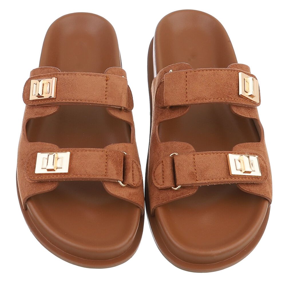 Ital-Design Damen Slipper mit Schnallen und Komfortsohle Pantolette (91742278) Flach Pantoletten in Camel – Bild 4 von 5