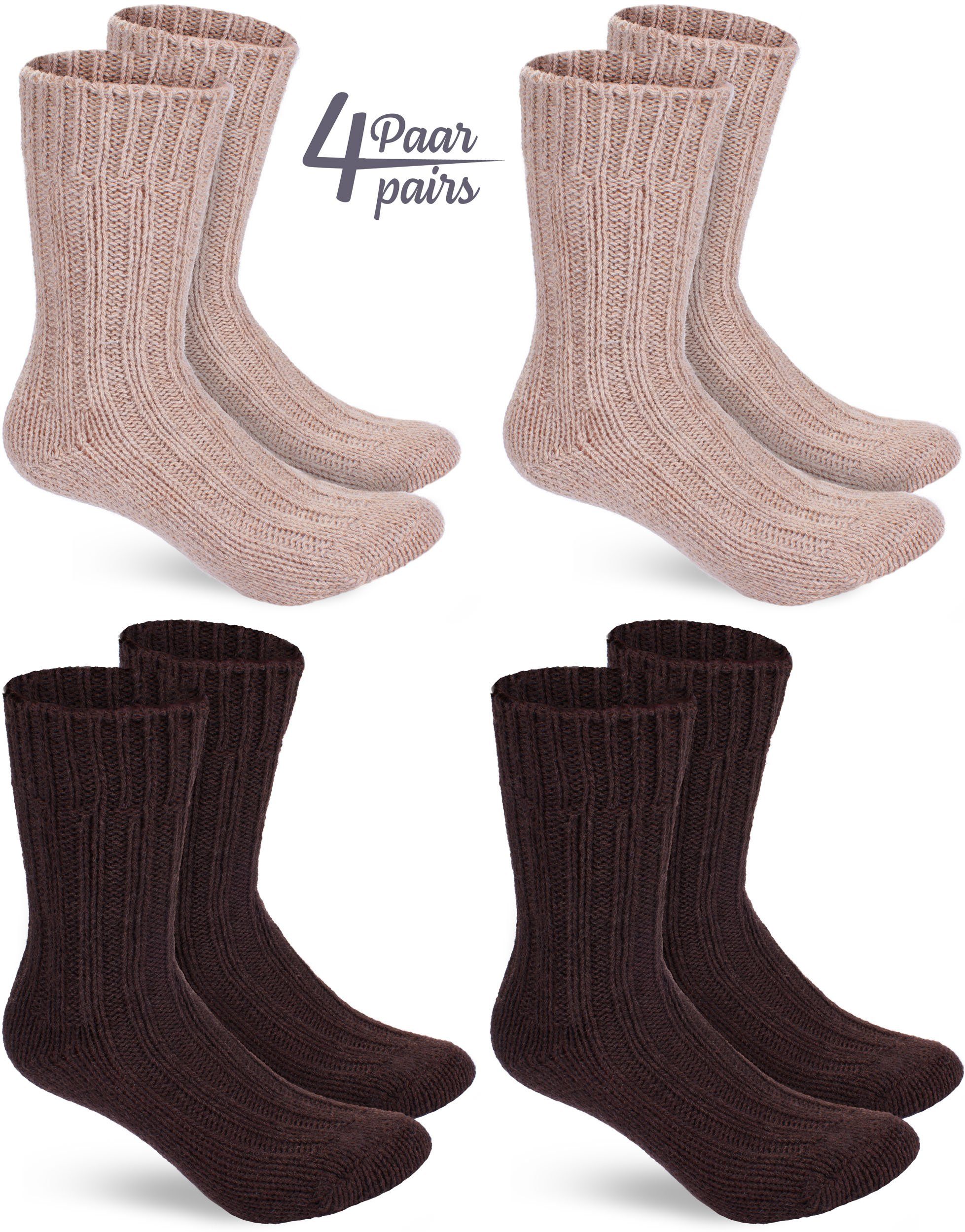 BRUBAKER Socken Wollsocken Set - Herren Damen für Set Stricksocken) Flauschiges (4-Paar, und Winter Schafwolle Wintersocken Beige mit Warme Braun und Thermosocken