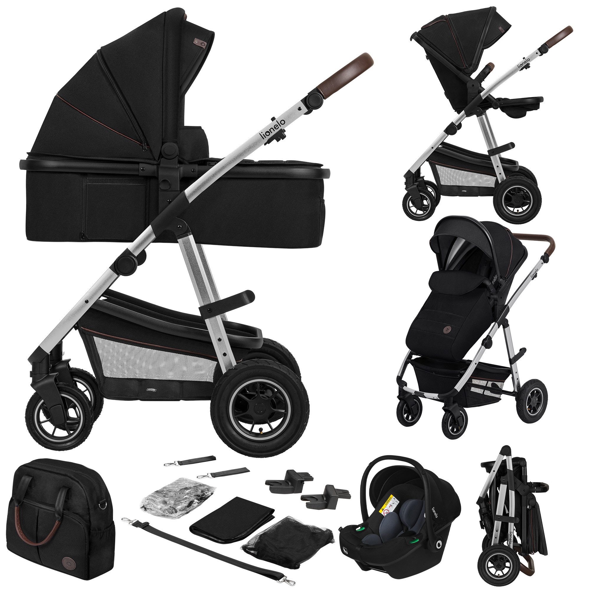 lionelo Kombi-Kinderwagen Amber 3in1, (Set), 3in1/babyschale 0-13kg/Tasche/Moskitonetz/Regenschutz/Boho