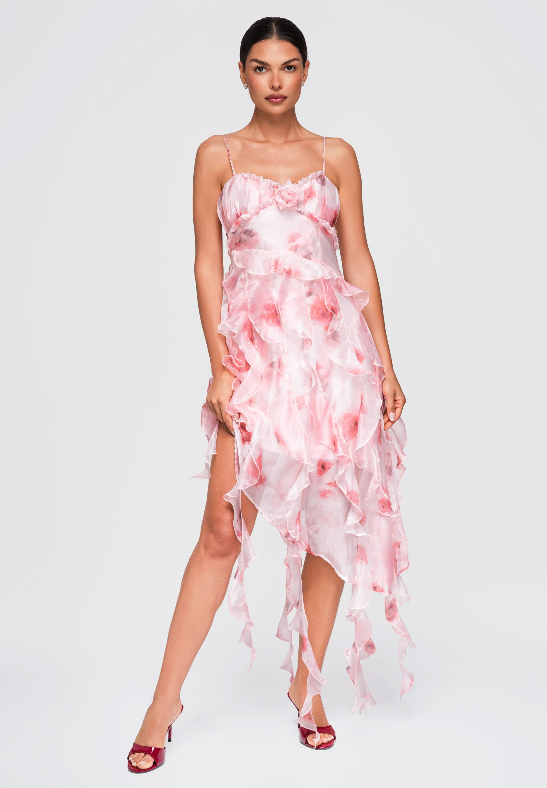 OMBRE Midikleid Damen Midikleid mit asymmetrischem Schnitt und V-Ausschnitt Pink M (kein Set, 1-tlg) Dekorative Applikation