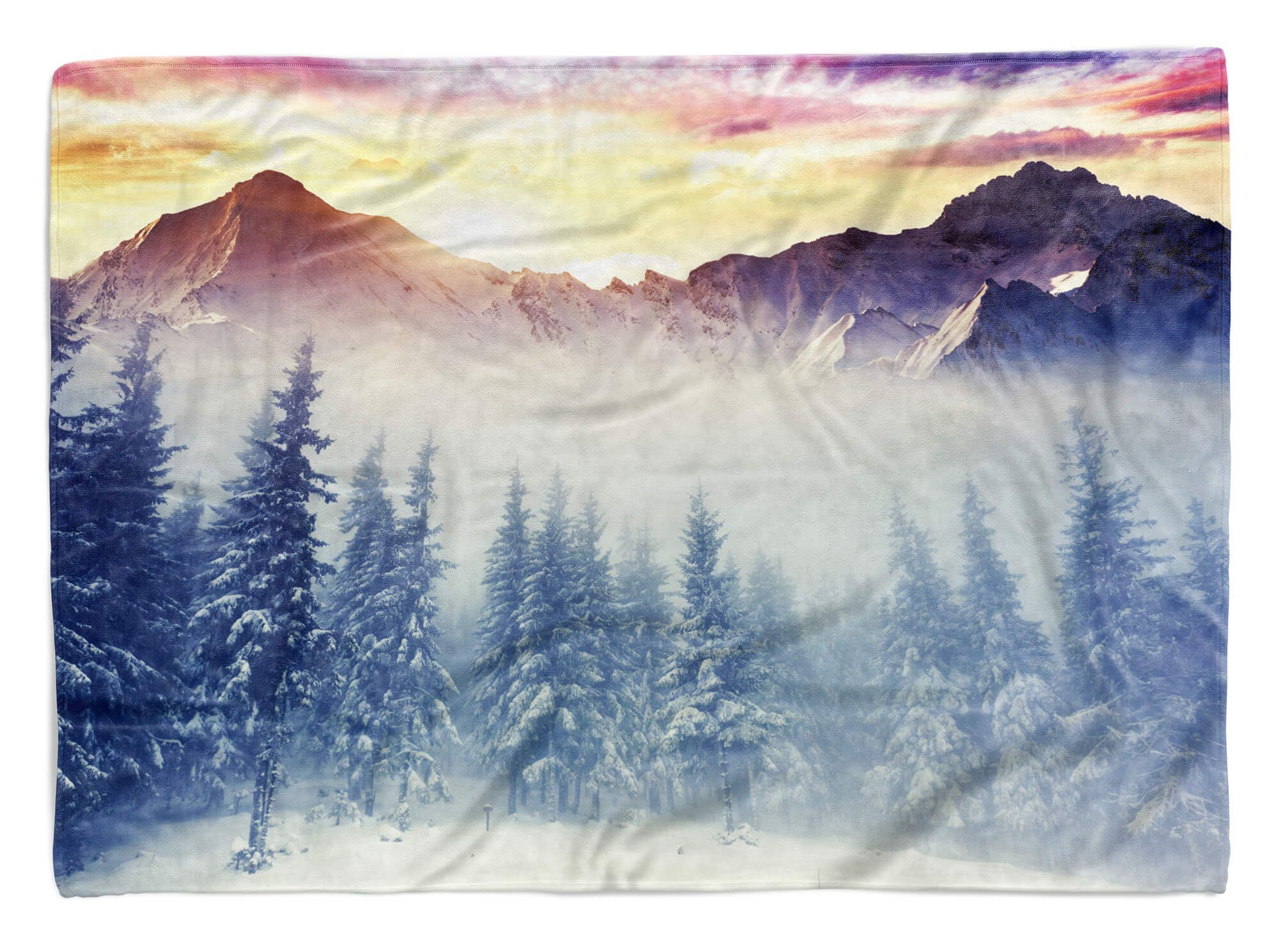 Sinus Art Handtücher Handtuch Strandhandtuch Saunatuch Kuscheldecke mit Fotomotiv Berge Nebel Tannenbäume, Baumwolle-Polyester-Mix (1-St), Handtuch