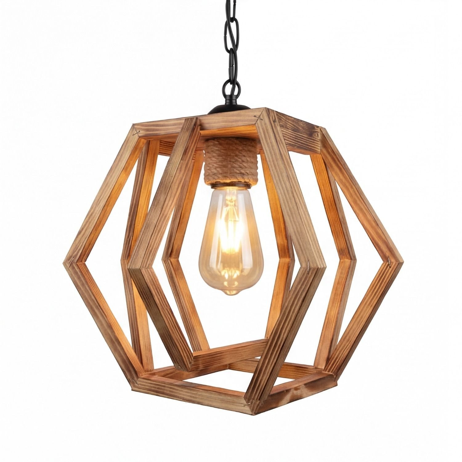 Licht-Erlebnisse Pendelleuchte CAMILO, ohne Leuchtmittel, Retro Design geflammtes Holz Metall B: 27 cm H: max. 100 cm E27