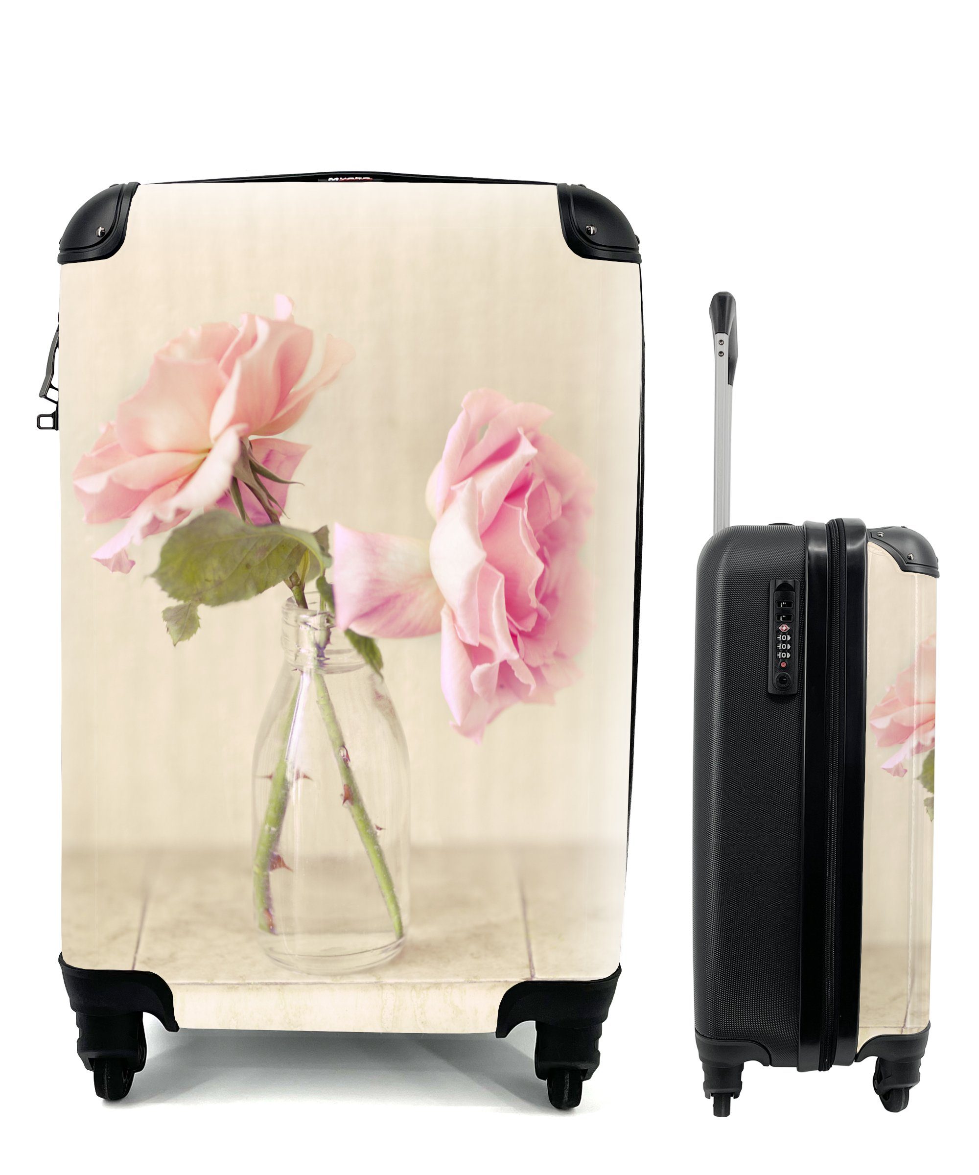 MuchoWow Handgepäckkoffer Ferien, Rosen mit in Handgepäck Glasflasche, einer für Dekoration Trolley, Zwei rosa als 4 Rollen, Reisekoffer rollen, Reisetasche